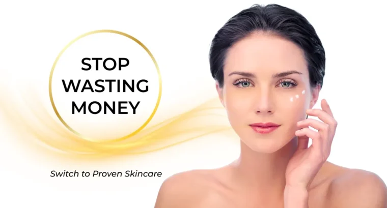 ImpressionZ proven skincare banner – woman applying face cream, luxury results-driven skincare to stop wasting money
