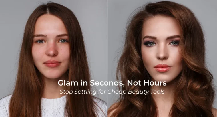 Before and after makeup transformation using ImpressionZ beauty tools, showcasing instant glam results for all skin types