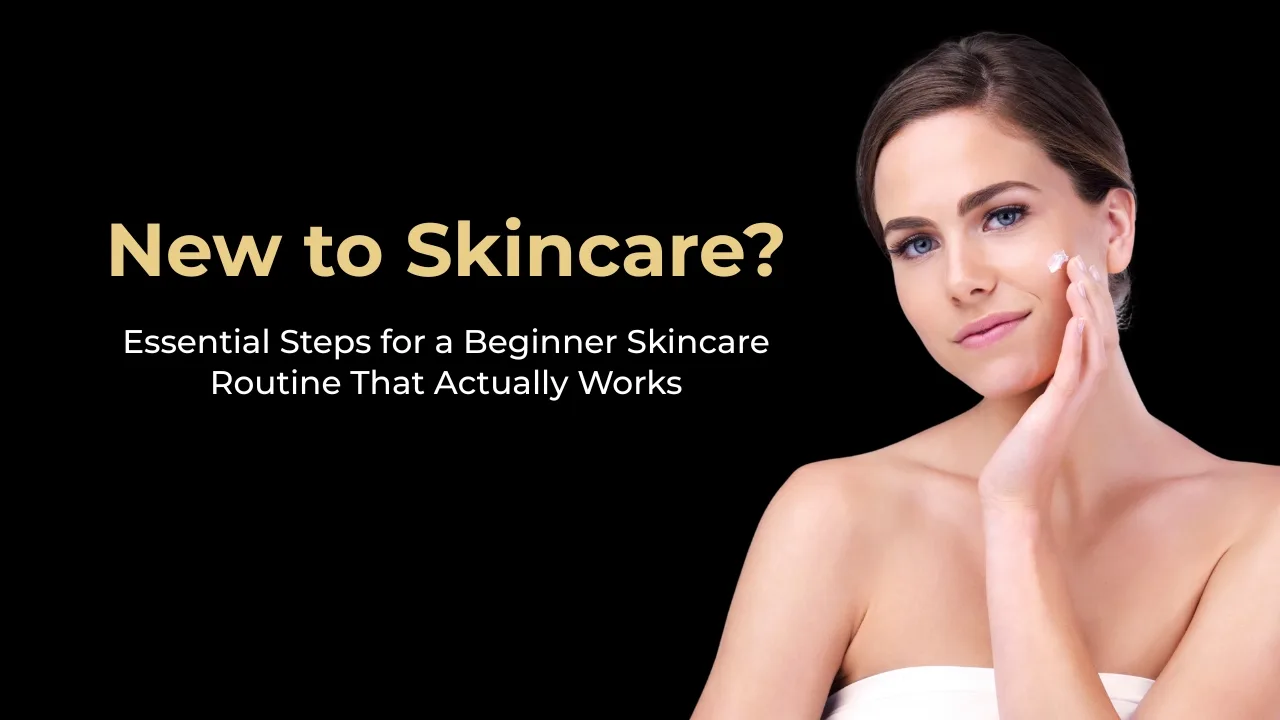 Beginner Skincare Routine, Woman Applying Moisturizer To Her Face, Black Background With Text “New To Skincare?”