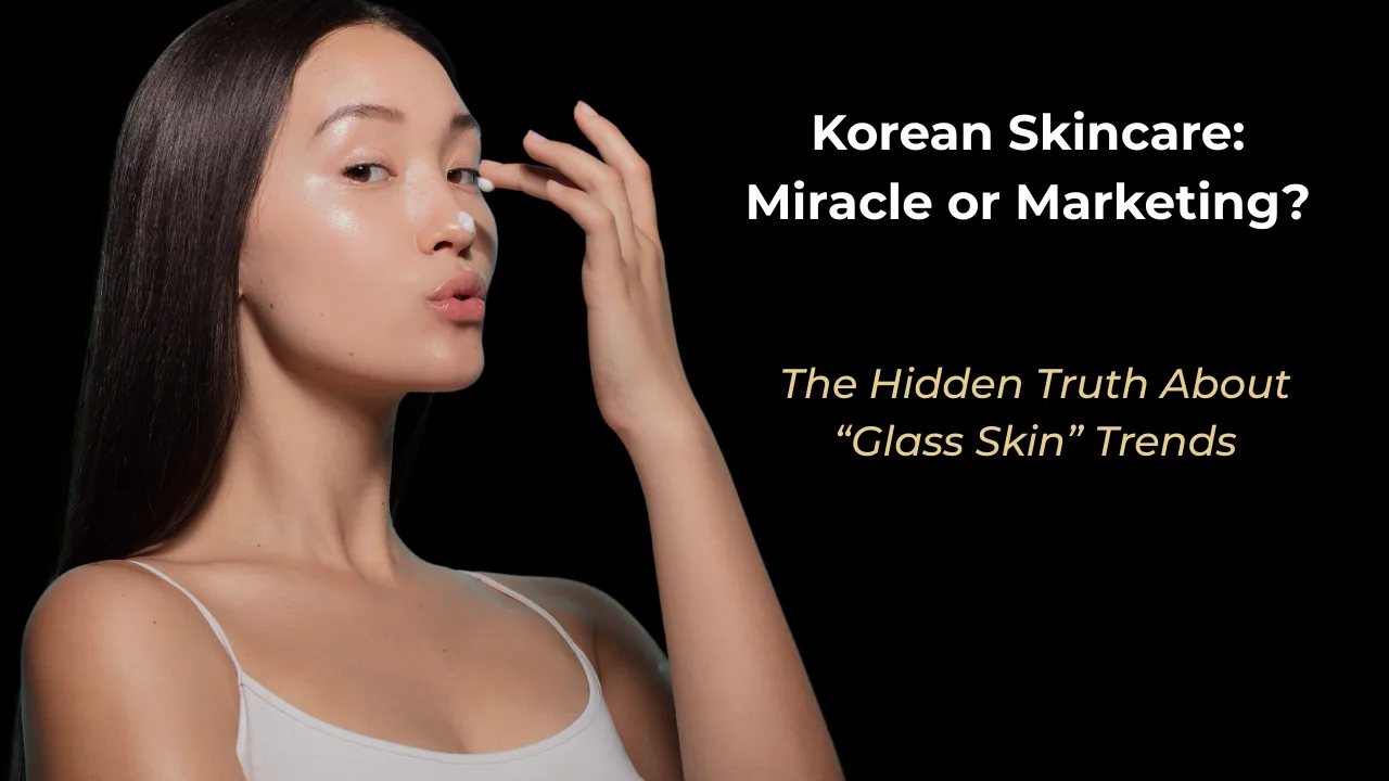 Korean Skincare Marketing Gimmick. Woman With Luminous Skin Posing Confidently, Next To The Text “Korean Skincare: Miracle Or Marketing? – The Hidden Truth About Glass Skin Trends”
